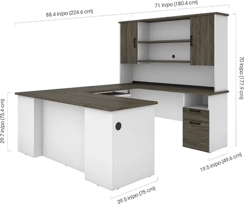 Vista 3 de Bestar Norma Escritorio ejecutivo en forma de U o L con gabinete, 71 W, nogal gris y blanco