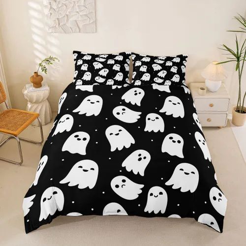Vista 9 de Funda de edredón con diseño de murciélago, juego de ropa de cama de murciélago negro y naranja, funda de edredón temática de Halloween