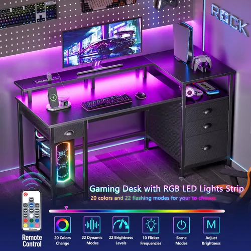 Vista 6 de Furologee Escritorio para juegos de 52 pulgadas con luces LED y tomas de corriente, escritorio reversible para computadora con 4 cajones, archivador