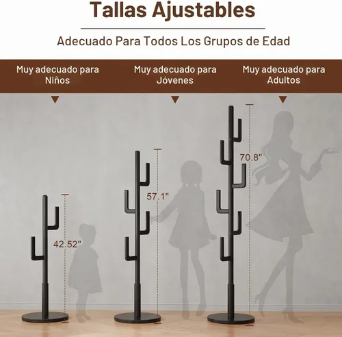 Vista 3 de Muwuele Perchero de Cactus de Madera Maciza, Perchero Independiente con 6 Ganchos en Forma de L y 3 Tamaños Ajustables, Árbol de Perchero para Negro