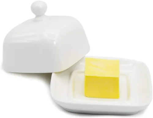 Vista 9 de NAGU Mini plato de mantequilla ovalado con tapa, plato de queso blanco con forma de procelain abovedado con asa, bandeja de mantequilla pequeña