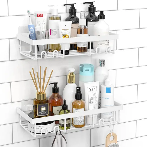 Vista 14 de Moforoco Estante organizador de estante para ducha, cesta autoadhesiva negra para estantes de baño, decoración interior de pared de casa de campo