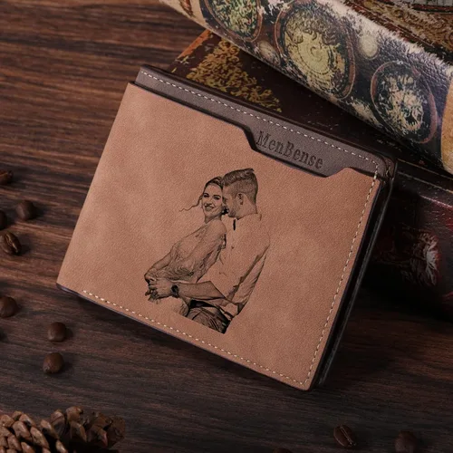 Vista 4 de INBLUE Billetera plegable grabada personalizada, cartera de cuero personalizada con foto y texto grabado, regalos para hombres, marido, papá, hijo