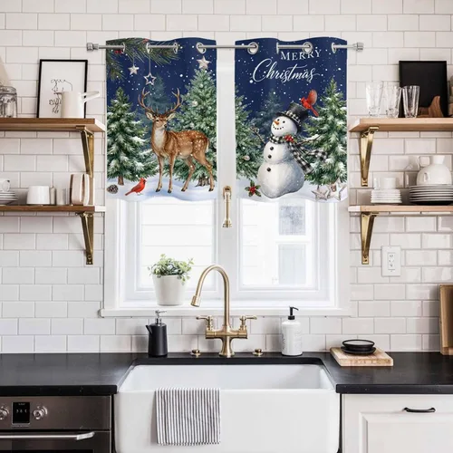 Vista 20 de Libaoge Cortinas de Navidad para cocina, dormitorio, juego de 2 paneles, diseño de muñeco de nieve de Navidad, cortinas de invierno con copos