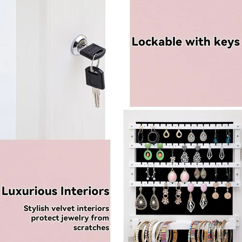 Vista 6 de VUMALL Armario de joyería con espejo 2 en 1 con cerradura con espejo de cuerpo completo, 2 cajones, almacenamiento de maquillaje montado en la pared