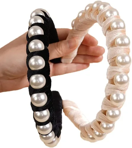 Vista 8 de Wiwpar Diademas de perlas de terciopelo para el pelo con perlas, elegante diadema de perlas antideslizantes, accesorios de moda para el cabello