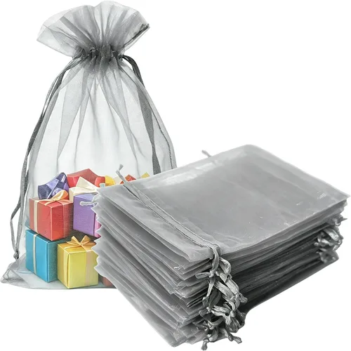 Vista 25 de Bolsas de regalo de organza de 4 x 6 pulgadas con cordón para joyas, dulces, paquetes de 50 bolsas de té de tela transparente azul aguamarina