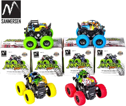 Vista 9 de M SANMERSEN Monster Truck Juguetes para edades de 2 a 4 años, autos de fricción para niños pequeños de 1 a 3 años, auto de acrobacias giratorio