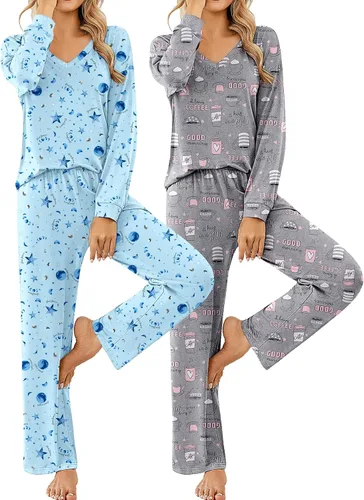 Vista 17 de Ekouaer Conjunto de 2 pijamas para mujer, pijamas de manga larga con camiseta y pantalones, cuello en V, pijamas suaves con bolsillos, ropa