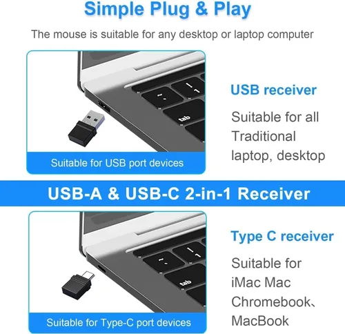 Vista 5 de Ratón Bluetooth recargable para laptop, mouse inalámbrico para MacBook air/Mac/MacBook Pro, mouse jiggler Bluetooth 5.2/3.0 y USB tipo C de 2.4 GHz