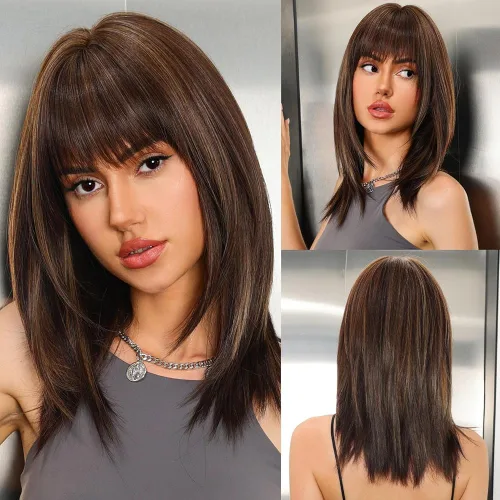 Vista 14 de Pelucas rubias cenizas para mujer, peluca larga recta en capas con flequillo, cabello sintético natural con raíces oscuras