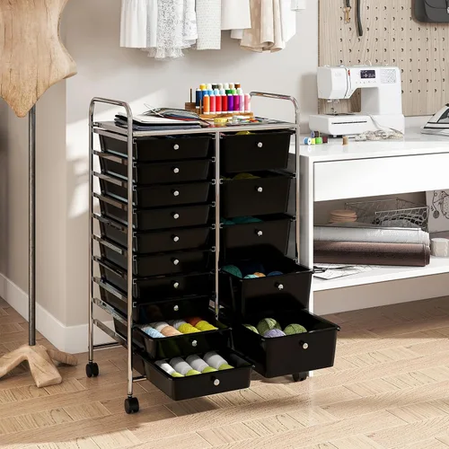 Vista 8 de DREAMADE Carrito de almacenamiento con ruedas de 15 cajones, carrito de manualidades móvil con ruedas con cerradura, cajones de plástico extraíbles