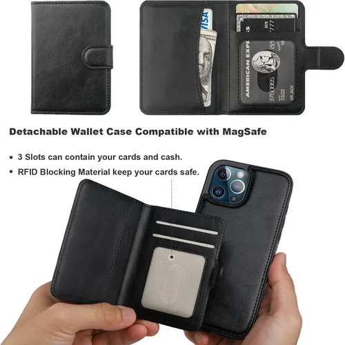Vista 6 de Bocasal Funda tipo cartera para iPhone 12 Pro Max compatible con MagSafe magnético RFID bloqueo desmontable de piel sintética de alta calidad