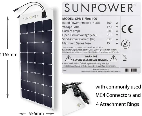 Vista 5 de ExpertPower Panel solar flexible de 100 W Módulo de alta eficiencia con células solares monocristalinas Maxeon para aplicaciones de carga de RV