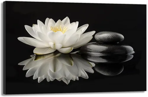 Vista 9 de GLOKAKA Arte de pared de flor de loto blanco zen, loto blanco y negro en piedra de spa y agua, lienzo impreso para yoga, meditación, sala de baño