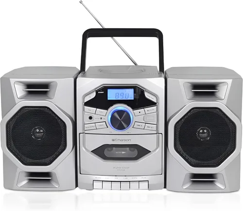 Vista 11 de Emerson Reproductor de CD portátil Boombox con reproductor de cassette, grabadora de cinta, radio AM/FM, entrada AUX, altavoces desmontables