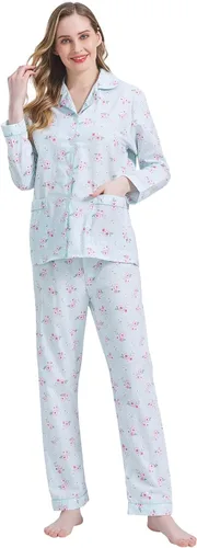 Vista 4 de Amaxer Conjunto de pijama 100% algodón para mujer, de manga larga, suave, con botones, con cordón elástico
