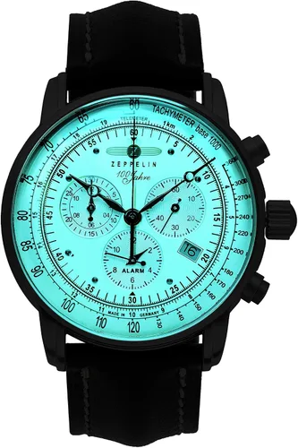 Vista 5 de Zeppelin Uhr 100 años Cronógrafo Alarma Leuchtblatt 8680, Blanco, Correa