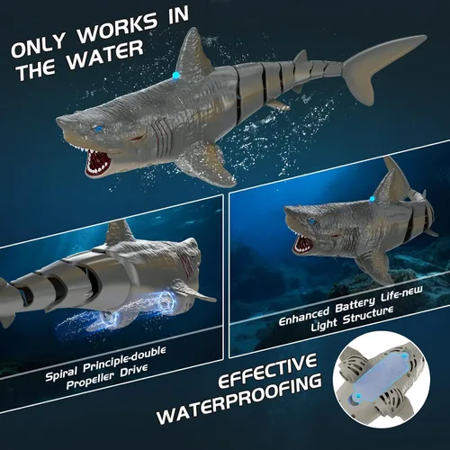 Vista 3 de Juguetes de agua de tiburón a control remoto para piscina, juguetes de verano para niños, megalodón de natación realista recargable con luz, regalo