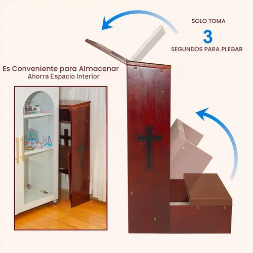 Vista 4 de Taburete de banco de oración con lámpara LED, silla de mesa acolchada y estante plegable de madera para iglesia