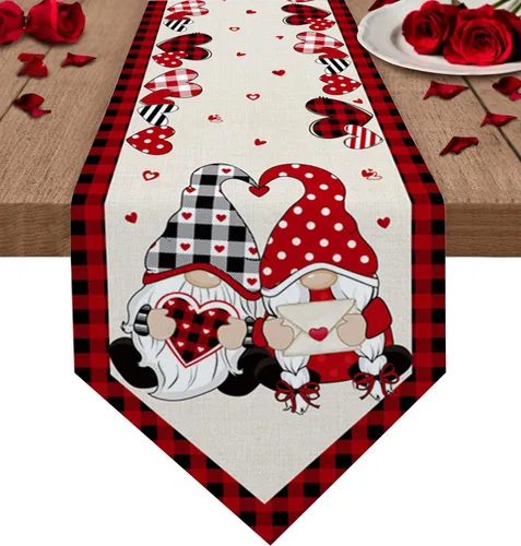 Vista 12 de Camino de mesa de corazón de amor para el día de San Valentín, camino de mesa de arpillera antideslizante, decoración retro de lino para casa