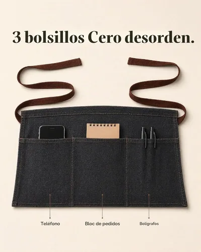 Vista 3 de Toyvian Delantal de cintura de mezclilla duradero con 3 bolsillos, unisex, delantal corto para camarera, bar, cafetería y cocina Negro