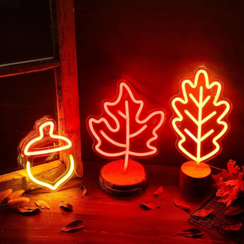 Vista 3 de ROCEEI 3 piezas de letrero de neón de Acción de Gracias 2026, luces de ventana de otoño, decoración de otoño, hojas de arce, bellota, luces LED
