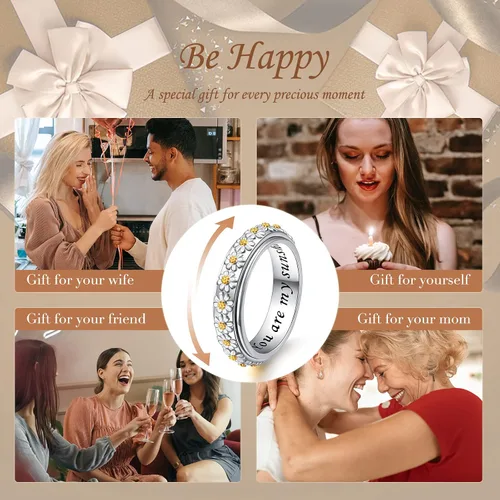 Vista 4 de Anillo giratorio para aliviar la ansiedad con margaritas You Are My Sunshine Flower Fidget Ring de plata esterlina TDAH para aliviar el estrés
