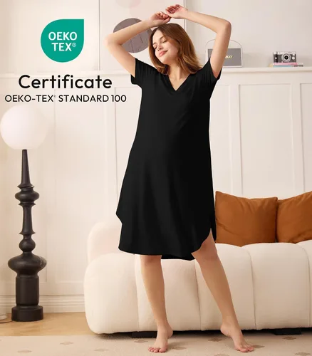 Vista 2 de NACHILA Camisones para mujer, viscosa hecha de bambú, cuello en V, manga corta, ropa de dormir fresca