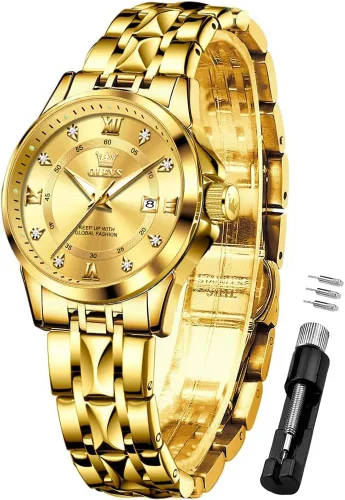 Vista 12 de OLEVS Relojes de diamante de lujo pequeños para mujer - Pulsera de acero inoxidable, impermeables, analógicos, luminosos, con fecha, relojes