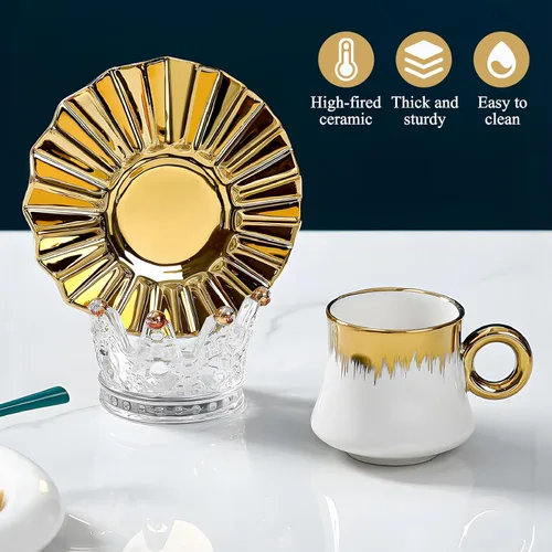 Vista 4 de Juego de 6 tazas de café turco de cerámica de 3.5 onzas, tazas y platillos de porcelana para capuchino italiano británico con ribete dorado
