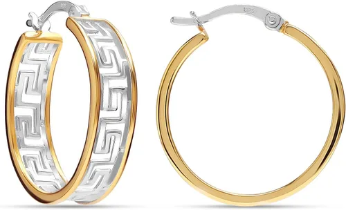 Vista 11 de LeCalla Aretes de aro de plata de ley 925 con llave griega, ligeros, con parte superior de clic, patrón de corte de pared griega para mujer Pared