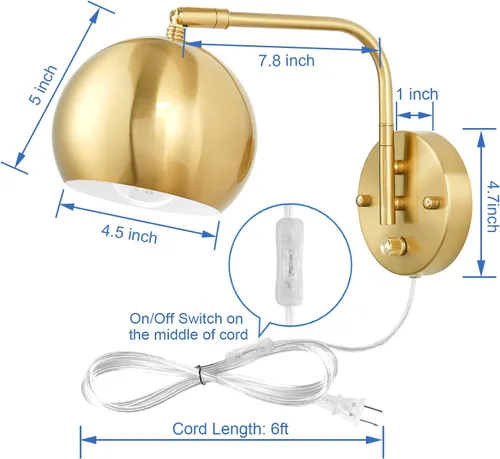 Vista 5 de VATONI Aplique de Pared Regulable Enchufable con Brazo Articulado, Luces de Pared con Cable de Enchufe y Interruptor de Perilla Regulador