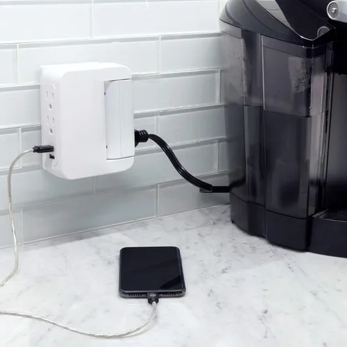 Vista 8 de GE Protector SurGE giratorio Pro de acceso lateral, extensor de 5 salidas con 2 puertos USB, adaptador de grifo de pared, estación de carga, 3