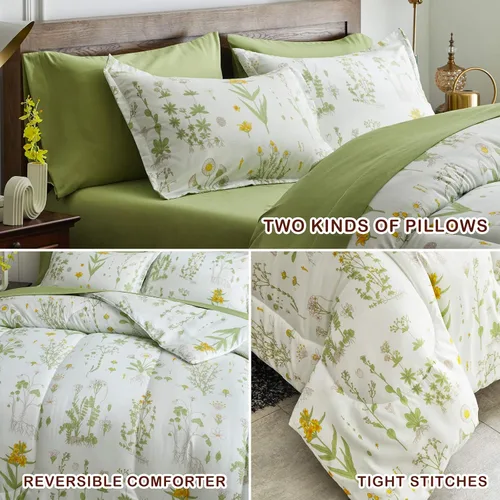 Vista 6 de Joyreap - Juego de ropa de cama tamaño individual completo en una bolsa, 6 piezas, diseño botánico de flores amarillas y hojas verdes, juego
