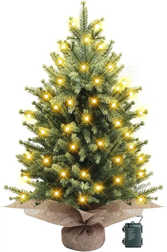 Vista 2 de Mini árbol de Navidad de mesa preiluminado de 2 pies con 60 LED Abeto nórdico artificial, 75 puntas de ramas de polietileno, funciona con pilas Luz