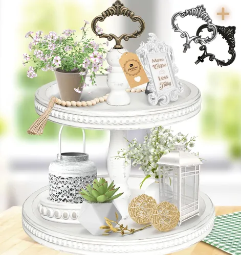 Vista 10 de Bandeja de madera de 2 niveles con soporte de servicio por Felt Creative Home Goods. Bandeja pequeña con detalle de cuentas para decoración