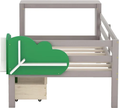 Vista 9 de Anwick Base de cama individual con escritorio y nido, sofá cama de madera con escritorio y estantes en forma de árbol verde, cama de plataforma