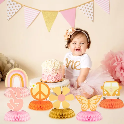 Vista 4 de 9 piezas Groovy Hippie Boho Party Honeycomb Centers Retro Boho Rainbow Daisy Flower Butterfly Peace Theme Decoración de fiesta de cumpleaños