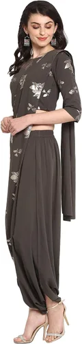 Vista 3 de Janasya Indian Crepe Dhoti Style Sari con blusa para mujer Olive Green