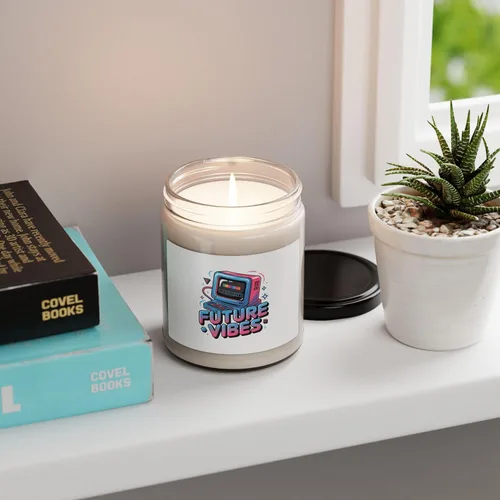 Vista 4 de Future Vibes Candle Y2K Cyber Holo Soy Candle, Retro Tech Chrome Text