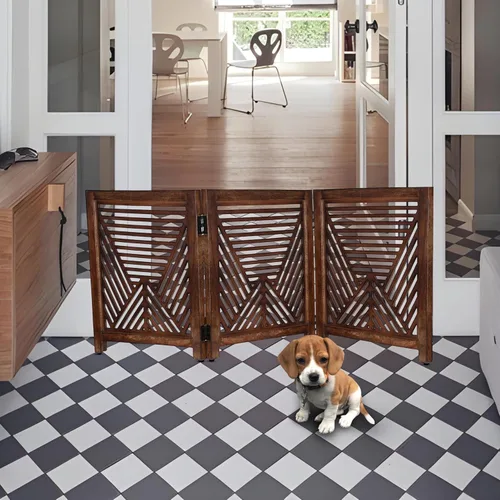 Vista 8 de Lightnpro - Puerta geométrica de madera para perros, barrera plegable independiente para uso en interiores, puerta de seguridad para perros, gatos