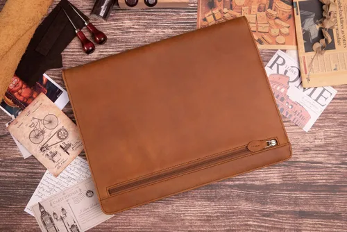 Vista 7 de Portafolio Carpeta Profesional de Cuero Genuino con Cremallera para Hombres y Mujeres, Portafolio de Trabajo con Bloc de Notas para Reuniones
