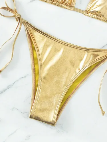 Vista 2 de GORGLITTER Traje de baño de 2 piezas con parte superior de bikini triangular metálico para mujer