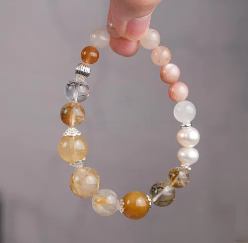 Vista 53 de Precious Gemstone Natural Crystal Healing Bracelet, Rutilated Quartz, Moonstone, Quartz Handmade Original Design Bracelet