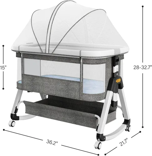 Vista 2 de Moisés de bebé 3 en 1, moisés de noche para bebé, moisés portátil con mosquitera y cesta de almacenamiento, moisés mecedora ajustable de 6 alturas