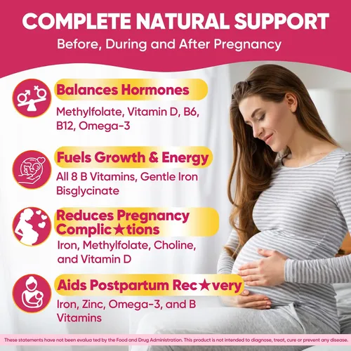 Vista 4 de Vitaminas Prenatales para Mujeres en Gomitas, Metilfolato 1mg, Omega 3 DHA Vegano 800mg, Hierro, Colina, Yodo, Vitamina D3 B6 B12 - Multivitamínico