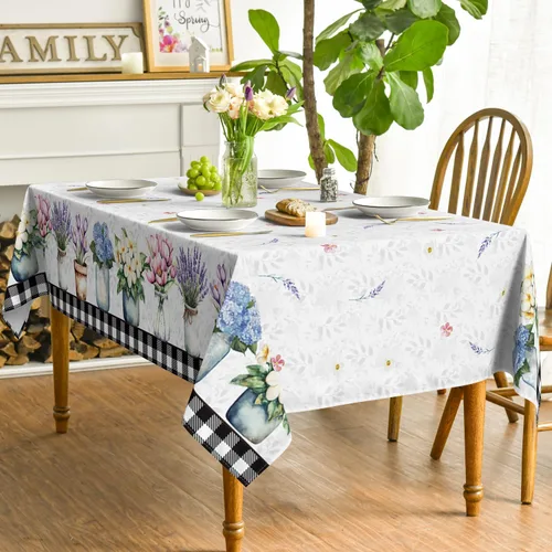 Vista 3 de Horaldaily Mantel de primavera y verano de 60 x 84 pulgadas, florero floral de Pascua con tulipán lavanda y hortensias para decoración de fiestas