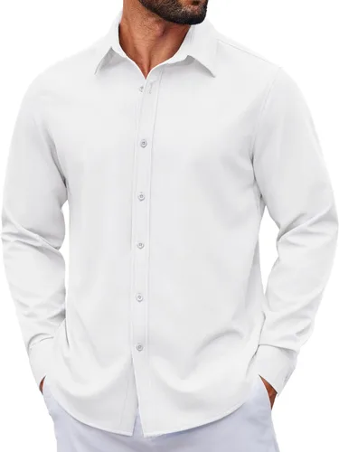 Vista 51 de COOFANDY Camisa de vestir casual de mezclilla con botones y manga larga para hombre