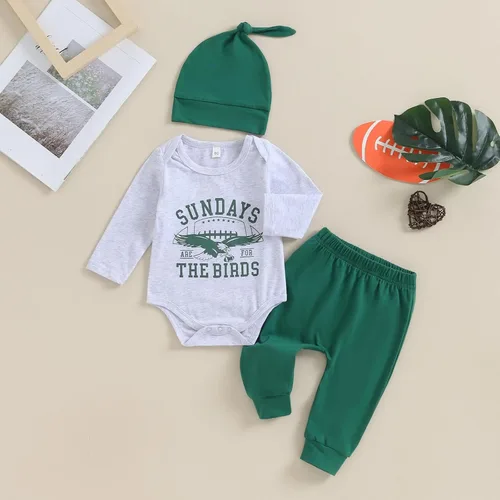 Vista 7 de BULINGNA Traje de fútbol infantil de 3 piezas para bebés y niños, los domingos son para los pájaros águilas, mameluco con sombrero, ropa de otoño